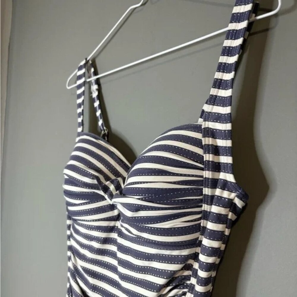 One Piece Nip Tuck Swimsuit Blue White Nautical Stripe Rouched Swim Suit Size 8 - Picture 6 of 7